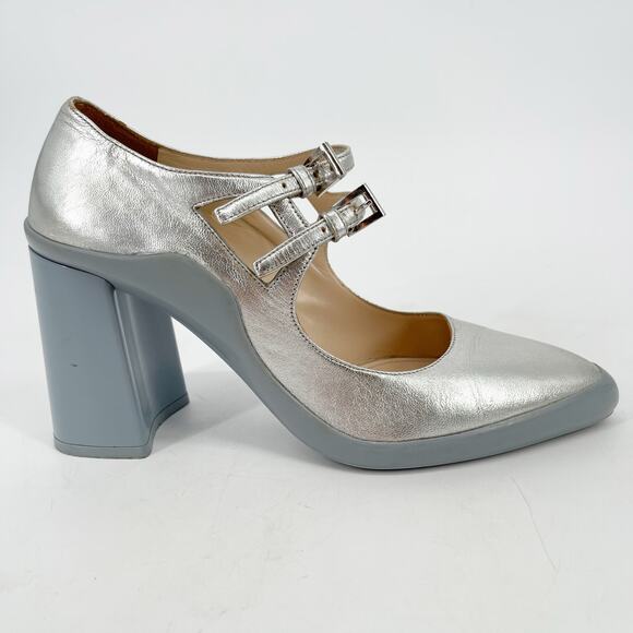 Prada F/W 2015 Silver Metallic Leather Mary Jane Rubber Trim Block Heels IT 37.5 - Picture 4 of 16